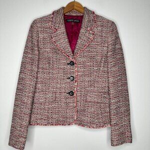Albert Nipon Tweed Blazer Jacket Size 10 Multicolor Fringe Button Front